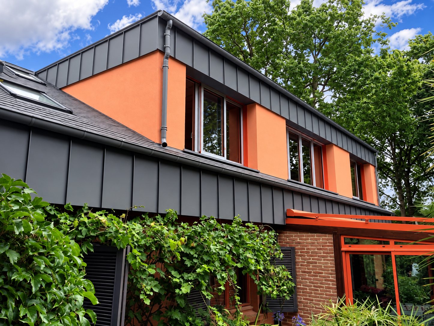 Façade d'une maison rénovée avec un bardage en zinc gris à joints debout, un mur orange, des fenêtres et une toiture en ardoise, entourée de verdure.