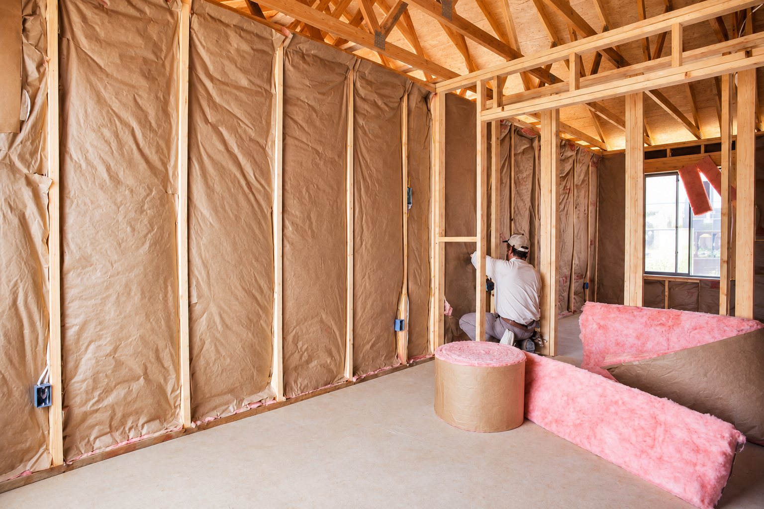 Un ouvrier installe de l'isolant rose entre les montants en bois d'une pièce en construction, avec des rouleaux de laine de verre au premier plan.